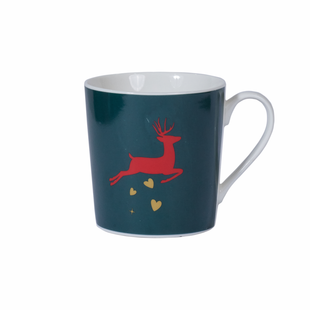 Mindy Brownes Interiors- A Christmas Wish Cup 1- Red Reindeer on Green Background